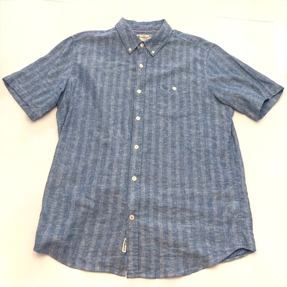 Original Weatherproof Vintage‎ Linen Blend Mens L Blue Stripe Short Sleeve